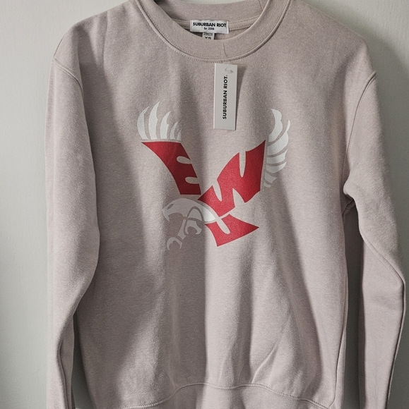 NWT SUBURBAN RIOT Tan and Red Crewneck Sweater with Graphic Design - Picture 1 of 3